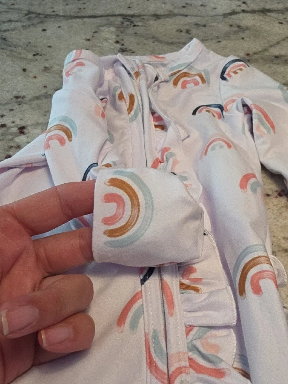 Caden Lane White Footed One-Piece with Pastel Rainbow Ruffles